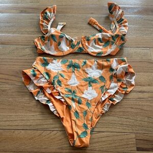 Agua by Agua Bendita Orange Floral Ruffle Bikini Set
